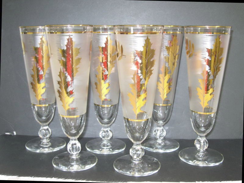 Libbey Frosted Gold Leaf Glasses Mid Century Barware Pilsner Set of 6 Vintage
