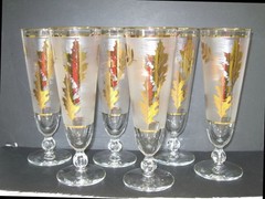 Libbey Frosted Gold Leaf Glasses Mid Century Barware Pilsner Set of 6 Vintage
