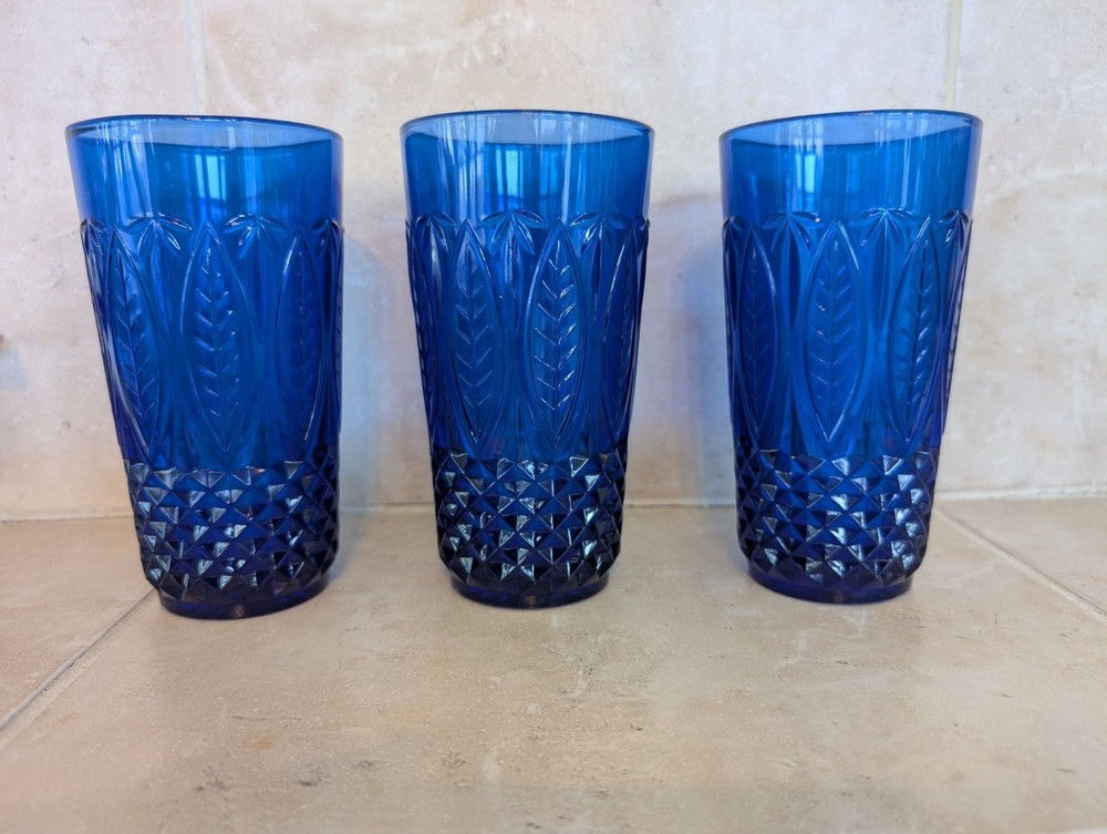 Set of 3 Vintage Avon Royal Sapphire Cobalt Blue Flat Tumblers Mid Century Mod