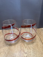 Set Of 2 Pier 1 Red Swirl Line Swirline Stemless Wine Glasses 4.75″ Tall 16oz