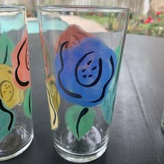 Vintage MCM Mod Floral 16oz Glasses Tumblers 6 1/4″ Set of 4 Boho Seventy vibes
