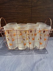 Libby Set Of 8 Frosted Tumblers In Fall Floral Pattern In Copper Colored Caddy