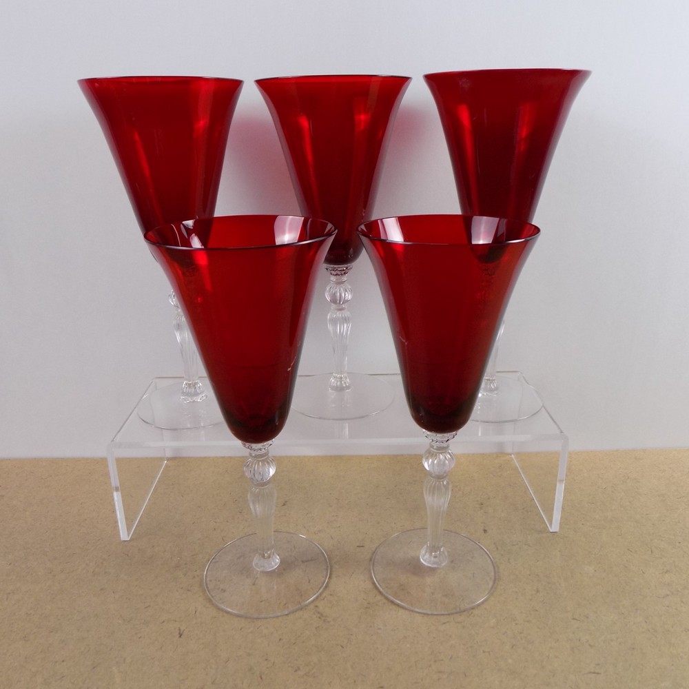 5 Cambridge Glass Ruby Red 3035 Water Goblets Glasses Ribbed Ball Stem VGC