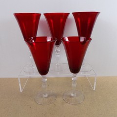5 Cambridge Glass Ruby Red 3035 Water Goblets Glasses Ribbed Ball Stem VGC