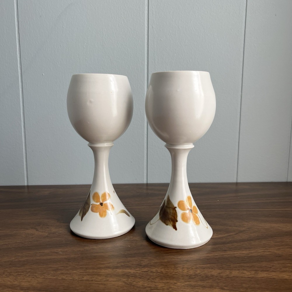 Pair Studio Pottery Wine Goblets Vintage Yellow Flower Set Of 2 Wine Glasses