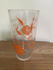 Vintage Orange, Pink Stylized Rose 16 oz Sour Cream Glass Retro MidCentury