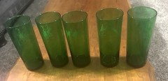 5 ANCHOR HOCKING GREEN DRINKING GLASSES TUMBLERS TRANSPORTATION SCENES 6.5” H