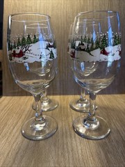 4 Libbey Winter Scene Glass Glasses Wine Vtg Christmas Holiday Houses Tree Snow