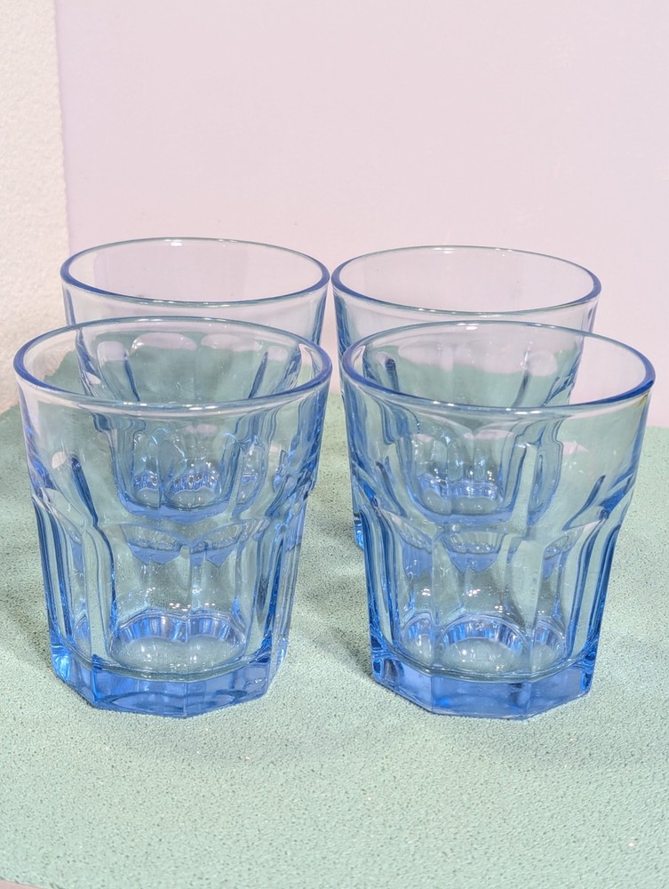 Set 4 Vtg Libbey Duratuff Gibraltar Misty Blue 4” Paneled On the Rocks Glasses
