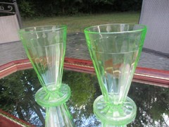 2 Vintage Uranium Pillar Optic Green Depression Glass Footed Tumblers Beautiful