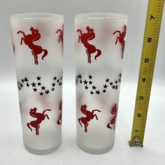 2 Libbey Frosted Tom Collins Glasses Red Horse Stallion w Stars 12oz High Ball