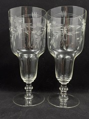 Pilsner Glasses Etched Bands Gray Cut Flowers & Leaves 7.75” HTF Vintage