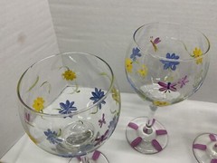 Hand Painted Clear Stemmed Goblets – Flowers & Dragonflies – 8.5” T – Preowned