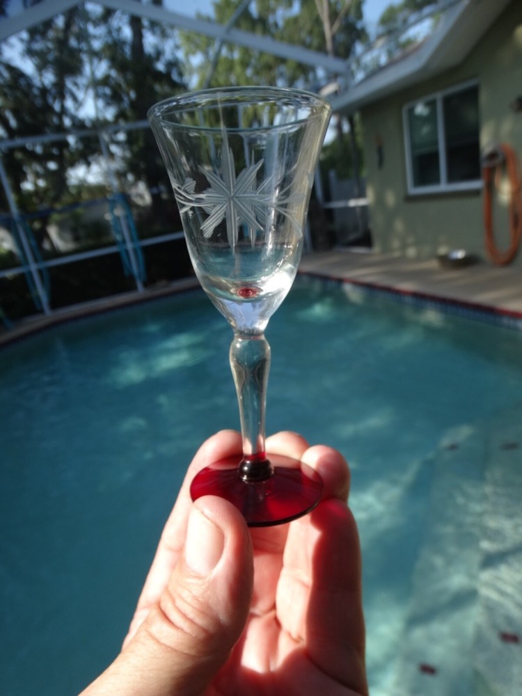 Weston Crystal Gray Cut Flower Clear 1 oz Footed Cordial w/ Ruby Red Foot VGUC