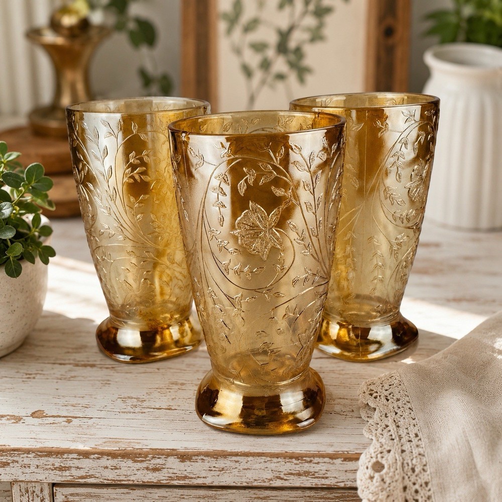 Jeannette Floragold Louisa Footed Tumblers Set of 3 Amber Iridescent 4.5”