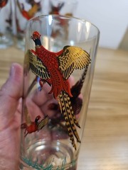 Vintage MCM Red Gold Ringneck Pheasant Tall Barware Glasses Set of 3