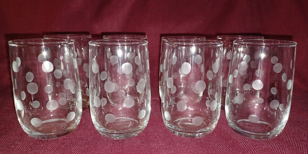 Polka Dot Juice Glasses (8) Clear Etched Retro Mid Century 5 oz
