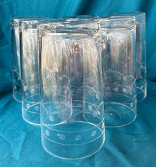 MCM CLEAR ETCHED STARBURST, DOT & SCALLOPS ~ 6″ TUMBLER GLASS SET OF 6