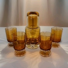 VTG Krosno Poland Amber Glass Decanter Bar Set w/ Stopper + 4 Glasses MCM Bubble