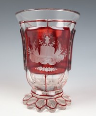 19thC. Bohemian German Engraved 3 Panel Beaker Twins Birthday Antique Ruby Glass