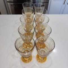 Vintage Libbey Splash Iridescent Amber and Clear Water Goblets Set of 10