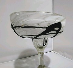 Hand Blown Mexican Glass Margarita White Spotted Pattern Black Applied Swirl