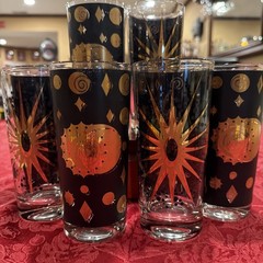 Pristine Fred Press Eclipse Atomic 24K Gold Sunburst 6.25” Highball Set/8 Signed