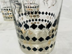 Set Of 4 MCM Clear Glass Tumbler Glasses With Black And Gold Horses Mid Century