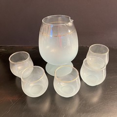 Vintage Frosted Blue Ombre Glass Pitcher & 5 Tumblers Gold Rim | MCM Blendo Set