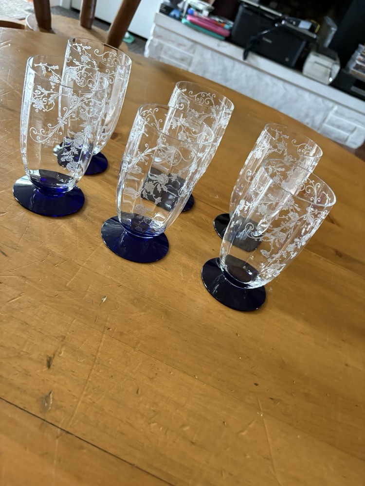 Weston Cobalt Blue Footed Water Glasses Etched Floral Set 6-Vtg-Excellent-5×2.5