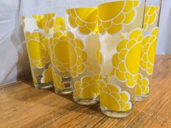 Vintage 8 -Colony Yellow Mod Flower power Glasses MCM Collins 12 oz Barware RARE