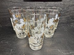 8 Vintage MCM Libbey Clear Glass 5.25” Tumblers With Gold & White Accents