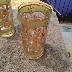 MCM 1960’s CULVER Highball Glass 22K Gold & Green Barware Set Of 8