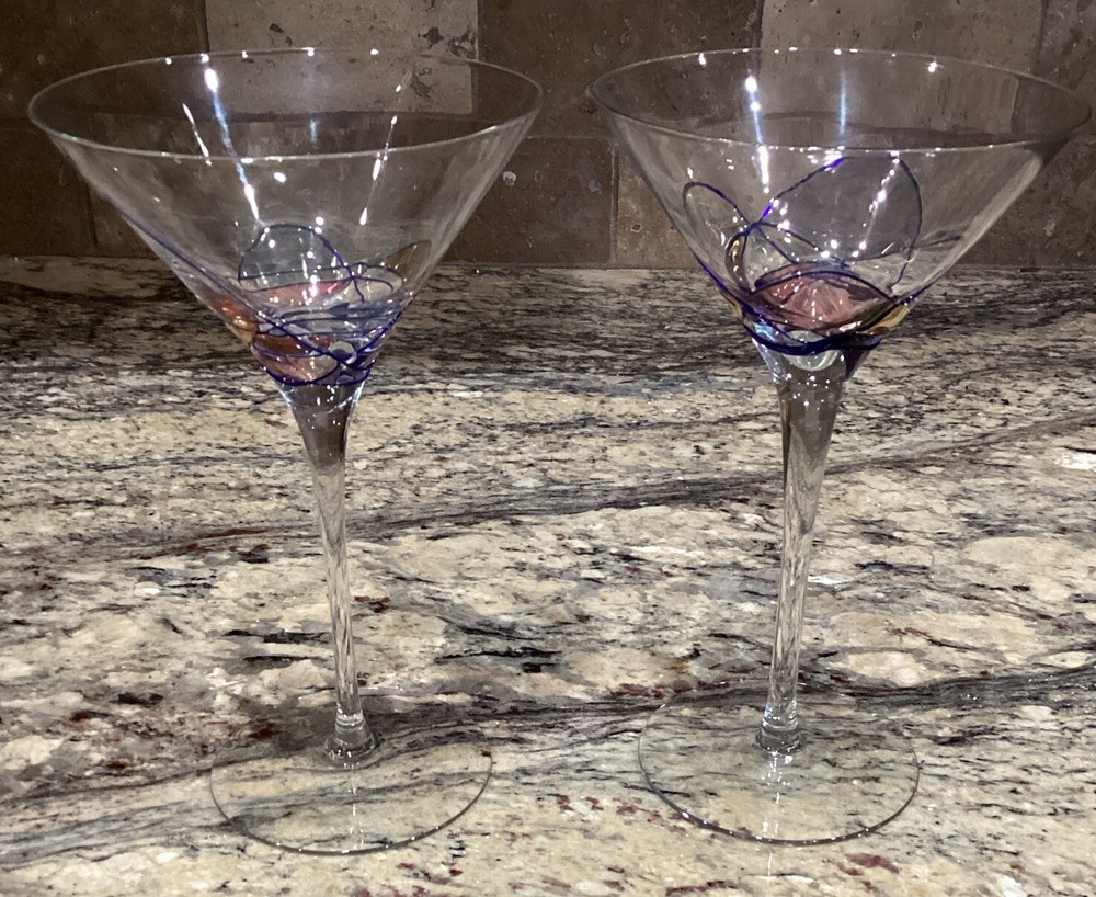 2 ROMANIA MILANO VIOLET GOLD BLUE MARTINI STEM MOSAIC GLASS LOOK 7 1/2”T