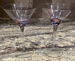 2 ROMANIA MILANO VIOLET GOLD BLUE MARTINI STEM MOSAIC GLASS LOOK 7 1/2”T