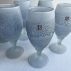 Vtg Hebron Glass Set 10 pc Hand Painted Blue Pitcher Tumblers Tulip Stem Frosted