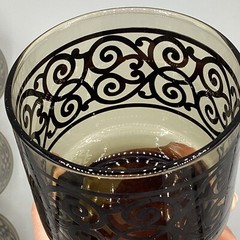 4 Whiskey Rocks Glasses Tawny Smoke Ironwork Scroll VTG Mcm Cocktail Lowball