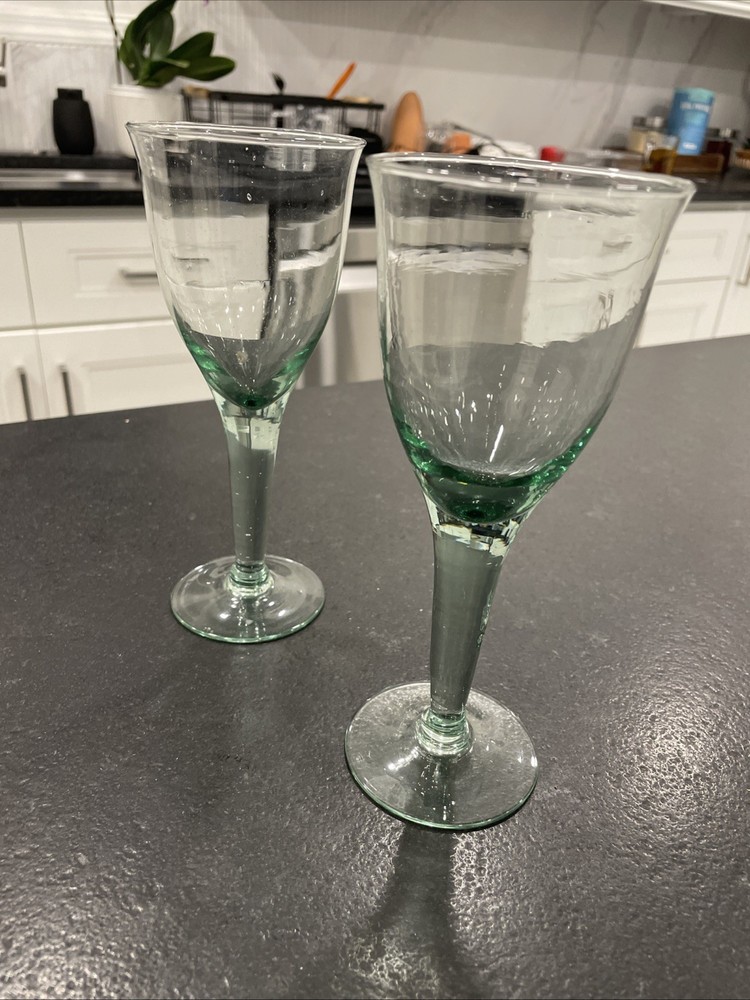 Set Of 2 Vintage Tall Stemmed Green Glass Goblets Flare Top Mouth Blown