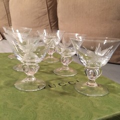 Vintage Barware – 6 Glasses, etched star design, about 3.25” tall and 3” top dia