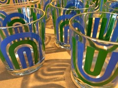 RARE! Vintage MCM JEANNETTE 8 Pc Old Fashioned Low Ball Glass Set + Serving Bowl