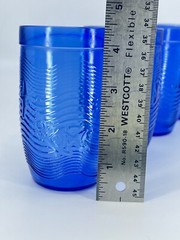 4 Sea Life Embossed Blue Glass Tumblers Seahorse Starfish Shell Fish Wavy Lines