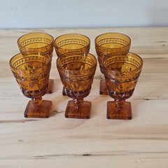 6 Vtg indiana glass Park Lane Amber Wine Cordial Glass Starburst Pedestal T2