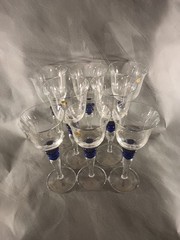 8 Flared Crystal Wine Glasses Clear Stem with Dual Cobalt Blue Disc Accent