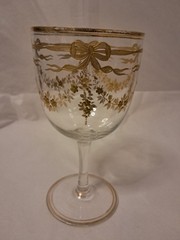 Bohemian Josephinenhutte Raised Gold Bow Beaded Floral Swag Glass Water Goblet A