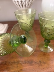 Set Of Three Vintage 1970’s FTD Pressed Green Glass Footed Goblets 7” Glasses
