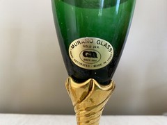 Murano 24K Gold Emerald Champagne Fluted Stem Glass Hand Blown And Painted