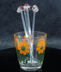 1950s Hazel Atlas Half Pint Orange Flower glass & 4 Glass Santa Swizzle Sticks