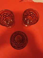 Vintage Amber Indiana Glass Juice Tumblers Whitehall Cubist Footed Set of 3