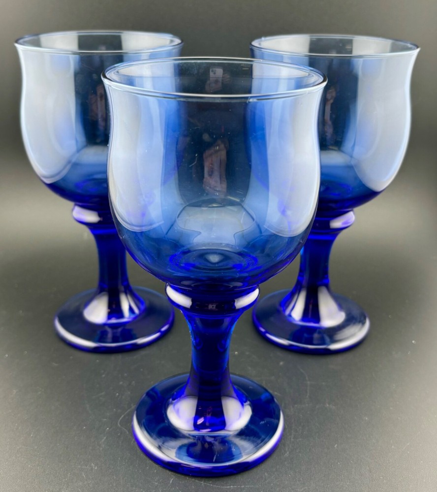 Libbey Vintage Cobalt Blue Drinking Wine Water Goblets Glasses Set of 3