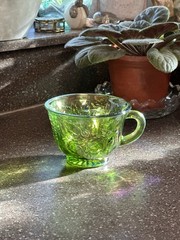 VTG Iridescent Green Glass Cup – Embossed Leaf Pattern – Carnival Glass 2.25”T